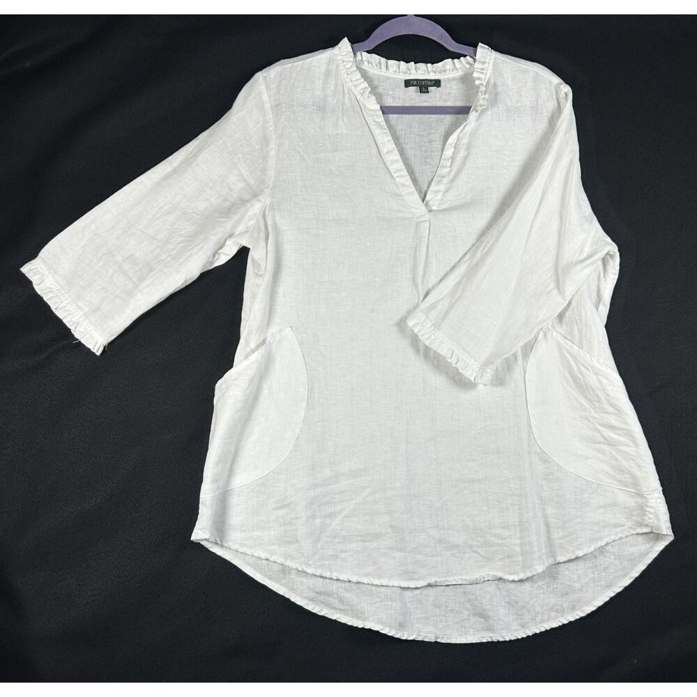 FOR CYNTHIA White 100% Linen Ruffle Neck Tunic Top Blouse Pockets Women’s Large